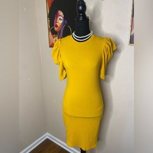 Mustard Pencil Dress with Puff Sleeves!